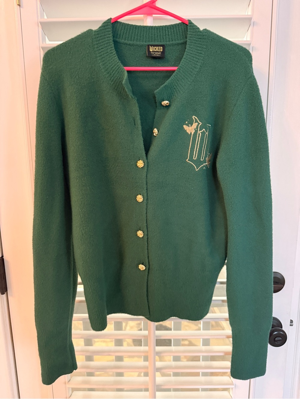 Crewneck Emerald Green Button-Up Cardigan with Embroidered Crest